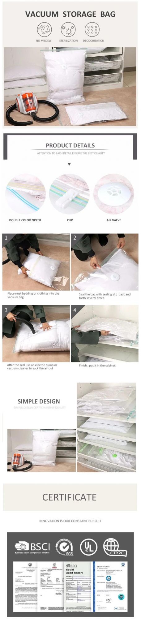 Hot Sell Compressed 75% Space Vacuum Bag for Bedding and Clothes