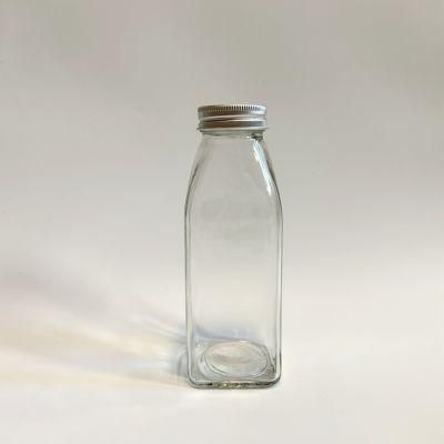 300ml 10oz Square Shape Glass Milkshake Beverage Bottle with Metal Screw Cap