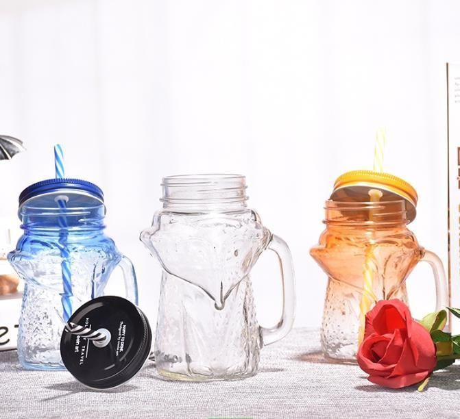 480ml Unique Design Fox Shape Glass Beverage Mugs Mason Jar with Handle and Lid