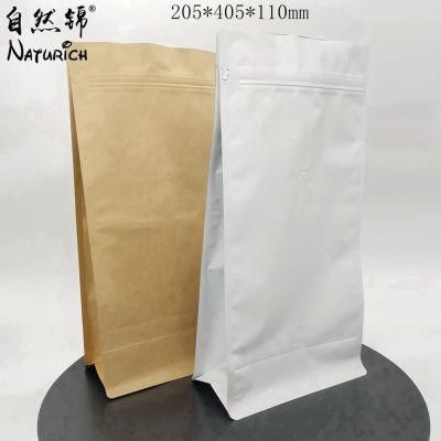 Aluminum Box Bottom Quad Seal Coffee Bag with Tin Tie and Valve Quad Seal Kraft Paper Bag