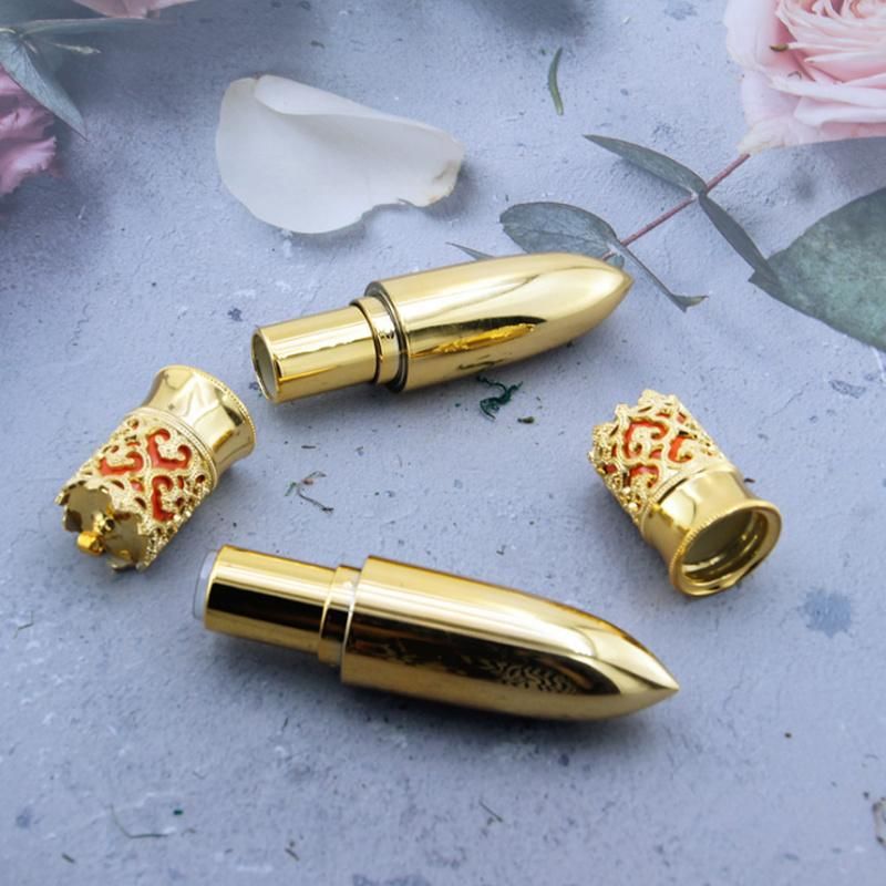 in Stock Ready to Ship Low MOQ High Quality Luxury Electroplated Gold Empty Round Bullet with Crown Lipstick Tube