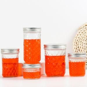 Wide Mouth Caviar Diamond Mason Jar Glass Jar Empty 100ml 200ml 250ml 500ml Chili Sauce Canned Glass Pickle Jam Jar with Metal Lid