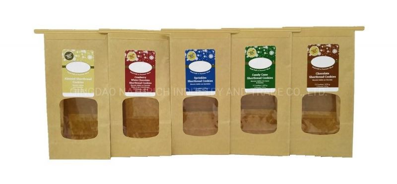 Square Block Flat Bottom Gusset Coffee Bean Tin Tie Dessert Kraft Paper Bag with Window