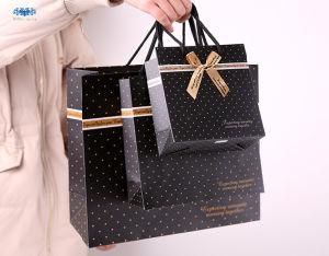 Recyclable Customized Black Printing Art Paper Reusable Shopping Bag Gift Bag with Golden Ribbon Handle