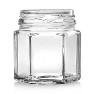 Empty Unique Clear Canning Food Jam Storage Hexagon Glass Honey Jar with Metal Lids/Mason Jar