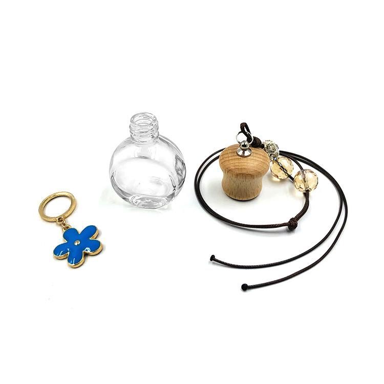 Blue Flower Pendant 8ml Flat Round Glass Car Perfume Bottle with Wood Cap