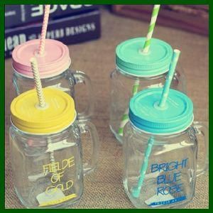 Pint Glass Mason Jar with Handle and Straws for Beverage