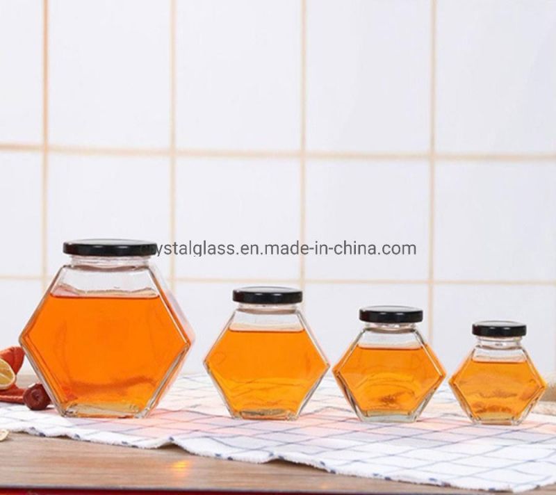 Wholesale Hexagonal Glass Bottle Honey Jars Food Storage Jar with Metal Cap 100/180/280/380ml