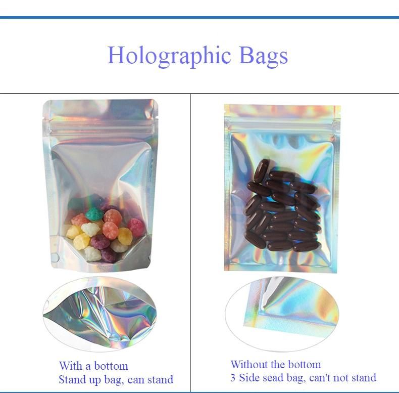 Holographic Rainbow Flat Clear Ziplock Food Storage Bags Plastic Packaging Foil Bags