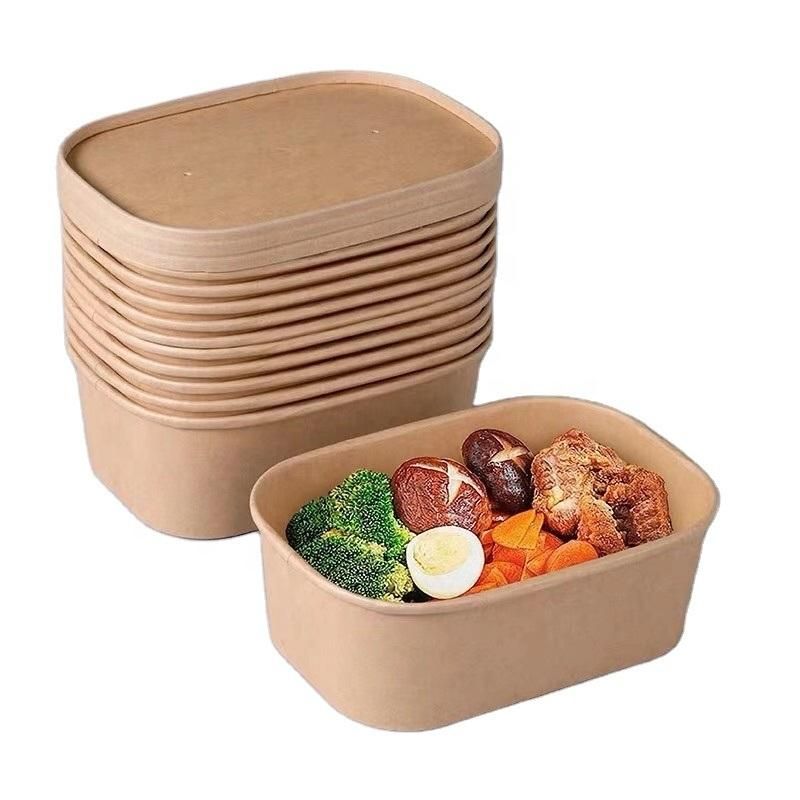 Disposable Microwavable Fruit Salad Lunch Fast Food Container Kraft Paper Rectangular Packaging Bento Food Box