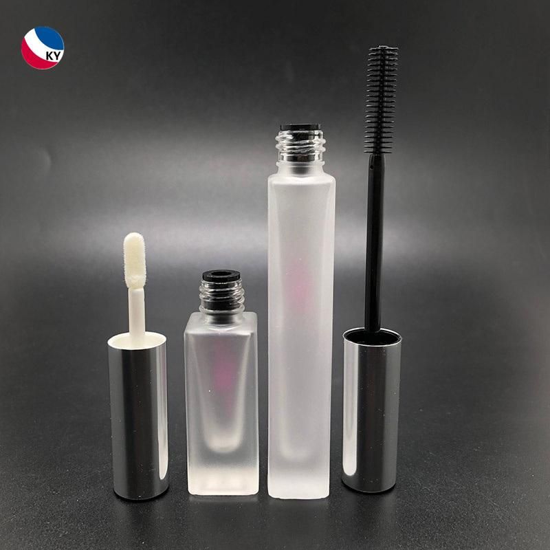 Square 5ml 10ml Glossy Silver Aluminum Cap Clear Frosted Lipgloss Tube Glass Mascara Bottle with Silicon Brush