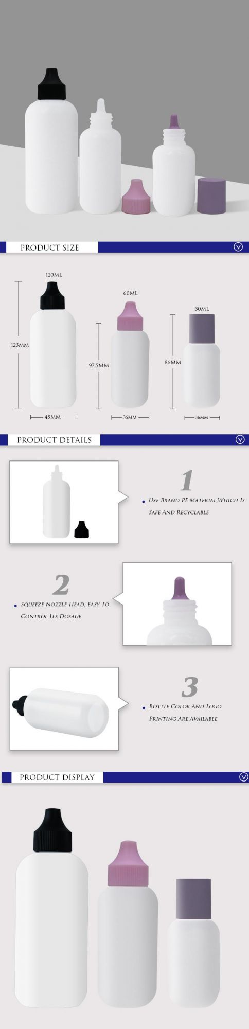 OEM 50ml 60ml 120ml White PE Plastic Skin Care Lotion Bottle with Nozzle