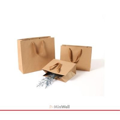 Minwell Brown Kraft Paper Bags with Ribbon Handles, Kraft Bags, Party Bags, Retail Handle Bags, Merchandise Bag, Wedding Party Bag