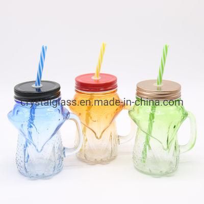 Cutomized Shapeed Colored Glass Drinking Beverage Bottle Mason Jar with Handle