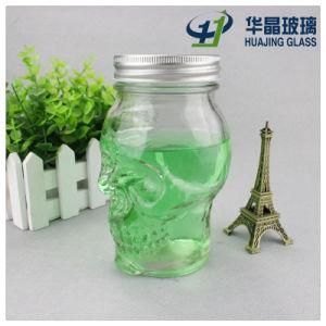 Transparent Embossed 450ml Skull Shape Glass Bottle with Metal Lids