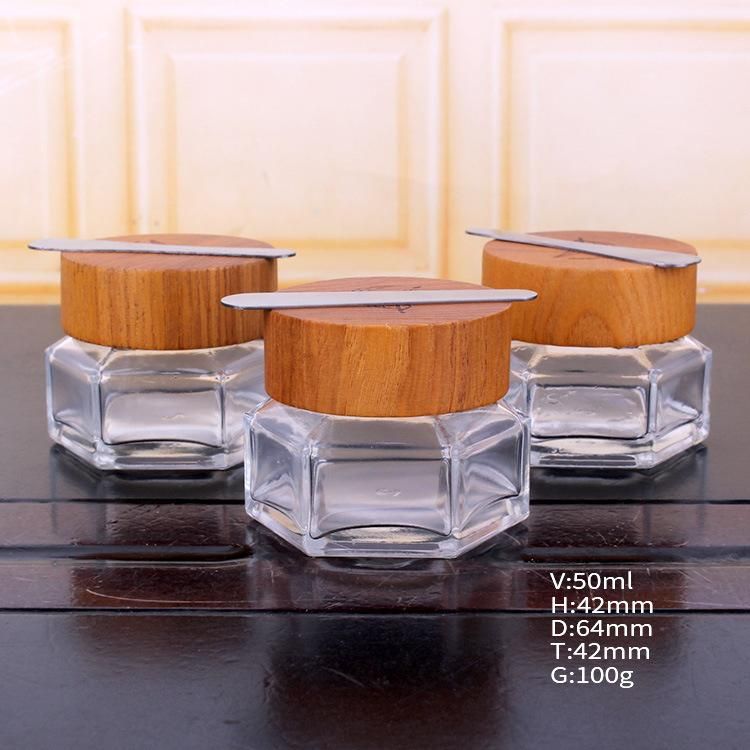 50g Hexagonal Glass Jar for Facial Collagen Mask Face Cream Cosmetic Jar with Bamboo Lid