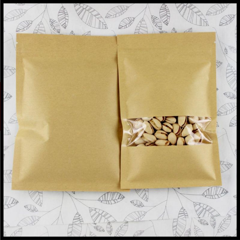 Customize Kraft Paper Flat Bags with Zipperand Clear Rectangle Window for Hemps Flower Powder Tea Snacks