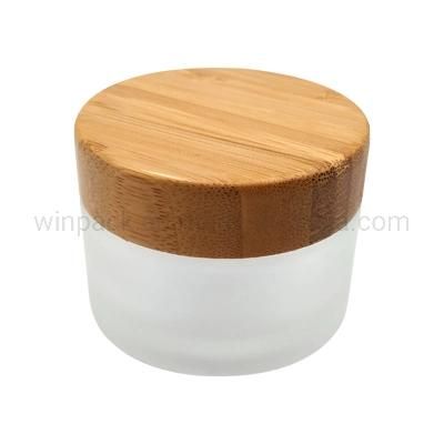 15ml 30ml 50ml 1oz Round Shape Frosted Glass Bottle with Bamboo Lids and White Gasket for Cream Care Cosmetic Packaging