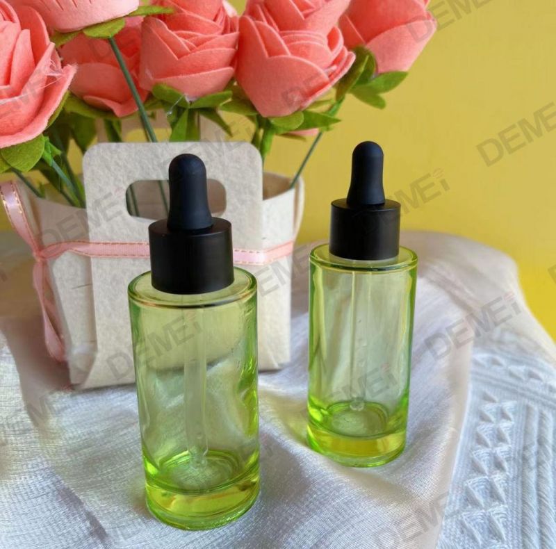 Transparent Green Custom Color Thick Bottom Glass Serum Bottle with Matte Black Dropper for Skincare Packing