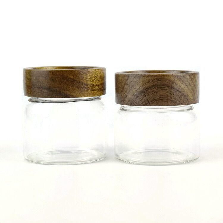 100% Airtight Seal Glass Stash Jar with Acacia Magnifying Lid