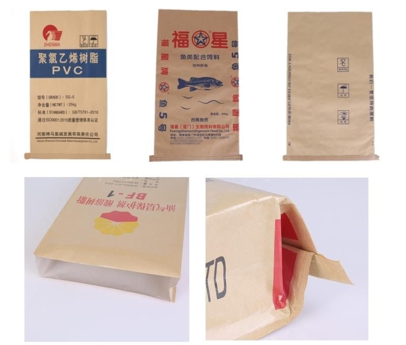 10kg / 20kg / 15kg / 25kg / 50kg Cement Chemical Plain Top Cutting Compound Sewn Bottom Open Mouth Kraft Paper Plastic Bag for Packing Animal Feed