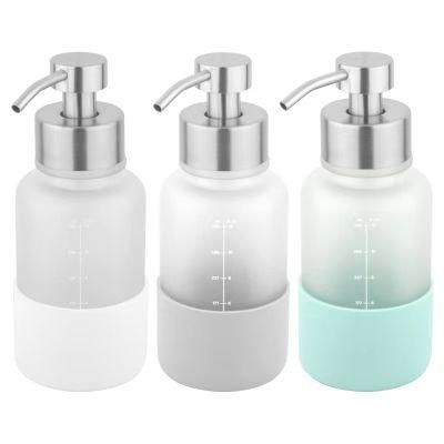 350ml 12oz Frosted Round Hand Sanitizer Hand Wash Pump Lotion Shampoo Dispenser Soap Glass Bottle with Silicone Sleeve