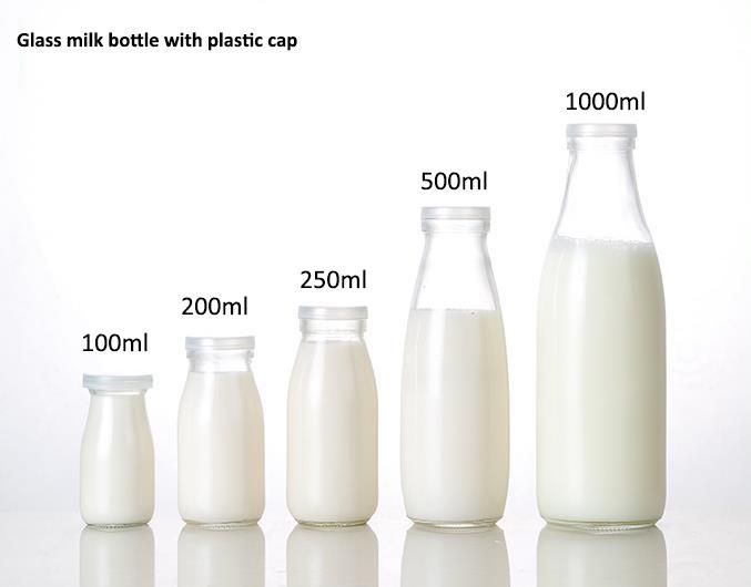 100ml 200ml 250ml 500ml Round Empty Glass Bottle for Fresh Milk or Milk Tea Packaging Bottle with Plastic Cap