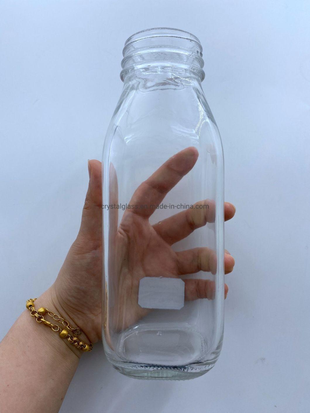 500ml 950ml Hot Sale Square Glass Milk Juice Beverage Bottle with Plastic Tamper-Proof Lid