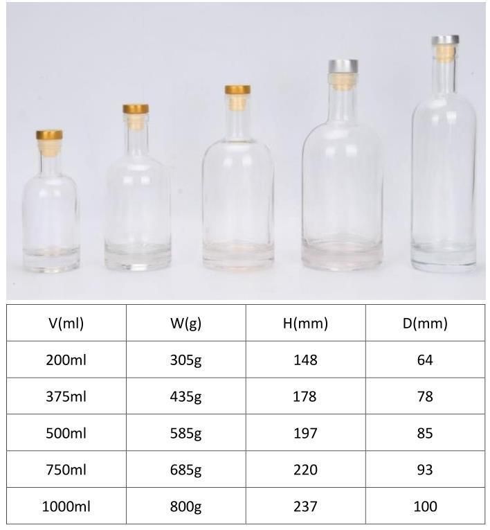500ml 750ml Vodka Gin Whisky Win Liquor Glass Bottle with Wooden Polymer Stopper