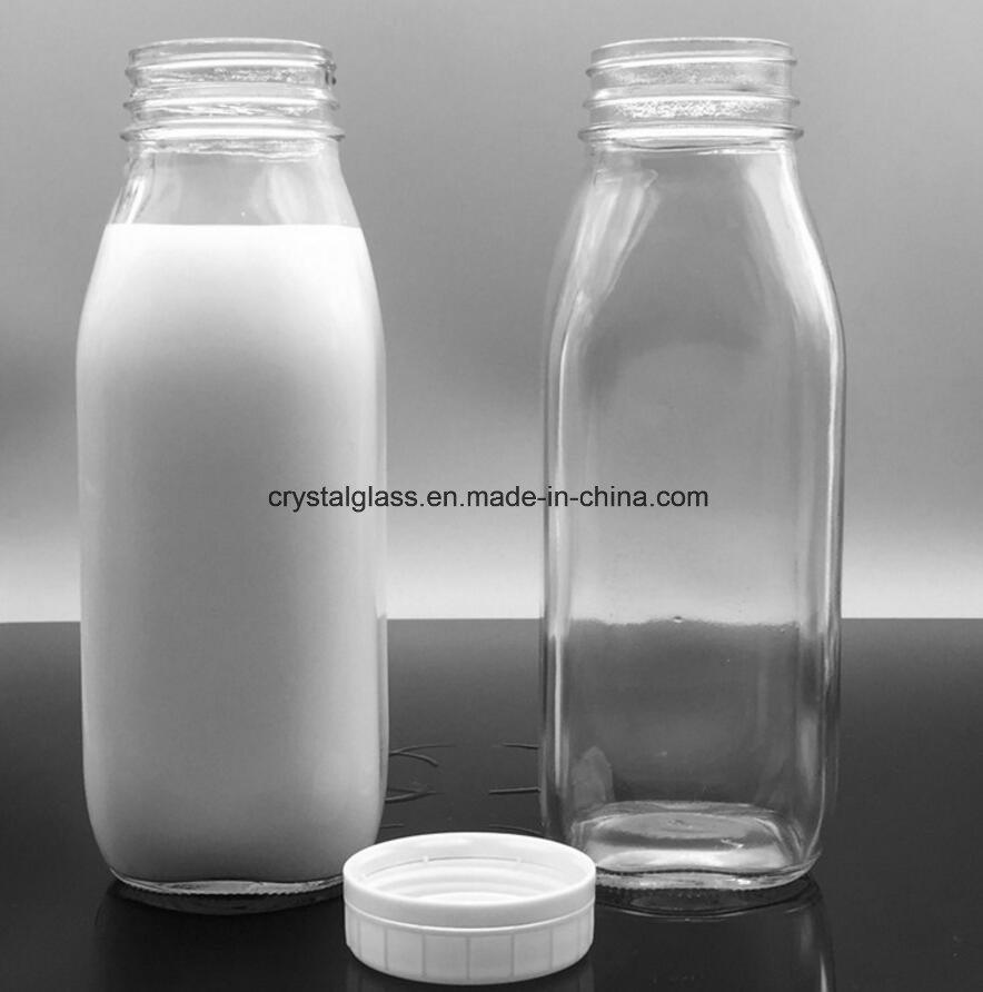 Juice Packing Square Glass Milk Bottle with Plastic Safety Lid 300ml 500ml