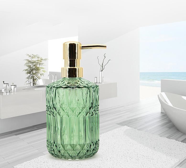 400ml Diamond Design Glass Refillable Hand Soap Bottle with 304 Rust Proof Stainless Steel Pump for Bathroom