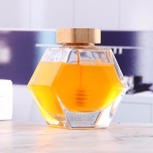Hexagon Six-Side Honey Glass Bottle Jam Jar with Wooden Spoon