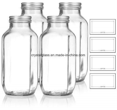 Popular 16oz Juice Bottle 500ml Glass Beverage Bottle French Square Bottle