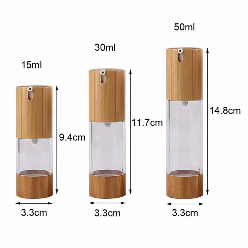 15ml 30ml 50ml Cosmetic Packaging Face Lotion Serum Airless Pump Bottle with Bamboo Cap
