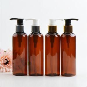 200ml Pet Plastic Round Shoulder Amber Cosmetic Shower Gel Shampoo Bottle with Gold and Silver Lotion Pump