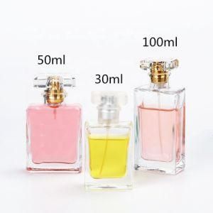 Empty 30ml 50ml 100ml Flat Transparent Refillable Glass Perfume Spray Atomizer Bottle with Crimp Neck