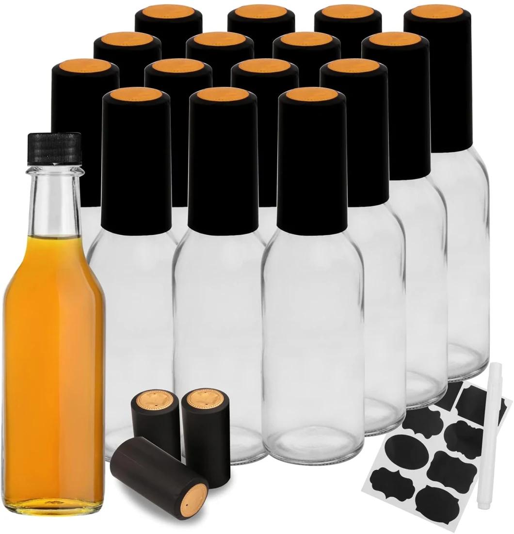 10 Oz Clear Storage Bottles Empty Glass Woozy Hot Sauce Bottle 5 Oz with Black Cap and Orifice Reducer