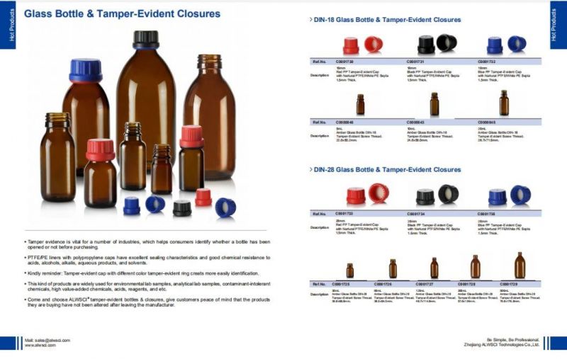 Alwsci 45mm Red PP Tamper-Evident Cap with Septa for 200ml Amber Storage Bottle