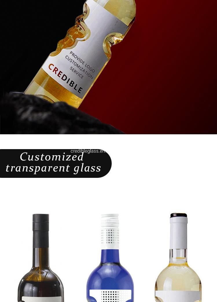 Credible New Design Factory Wholesale Custoized Design 750ml Clear Empty Champange Gin Whiskey Beverage Liquro Bramdy Vodka Wine Glass Bottle