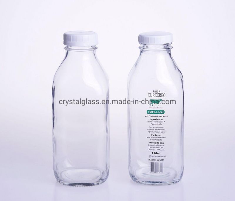 Wholesale Beverage Use 950ml Square Glass Milk Bottle with Plastic Tamper-Proof Lid