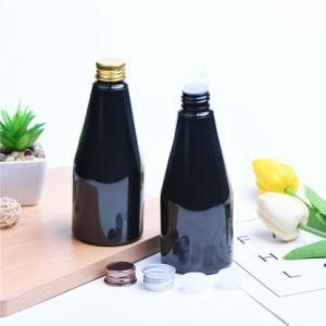 250ml Pet Plastic Cone Shape Black Color Aluminum Gold and Silver Screw Cap Bottle