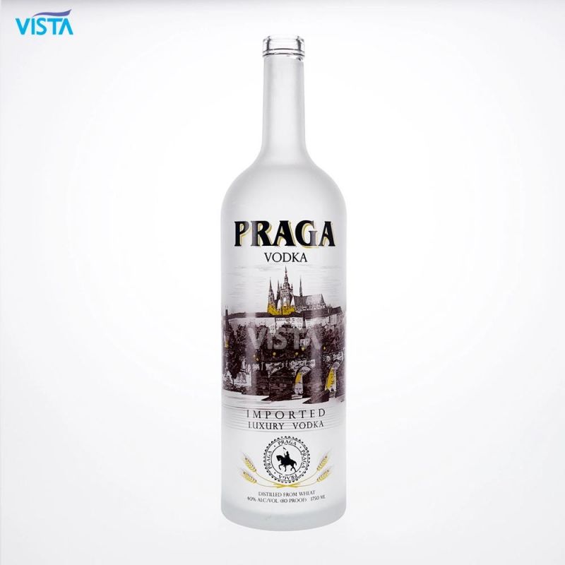 1750ml Praga Vodka Bottle High Flint Glass Bottle with Frost and Screen Printing with Cork