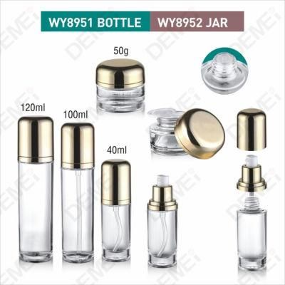 40/100/120ml 50g Cosmetic Skin Care Packaging Clear Toner Lotion Glass Bottle and Cream Jar with Gold ABS Cap