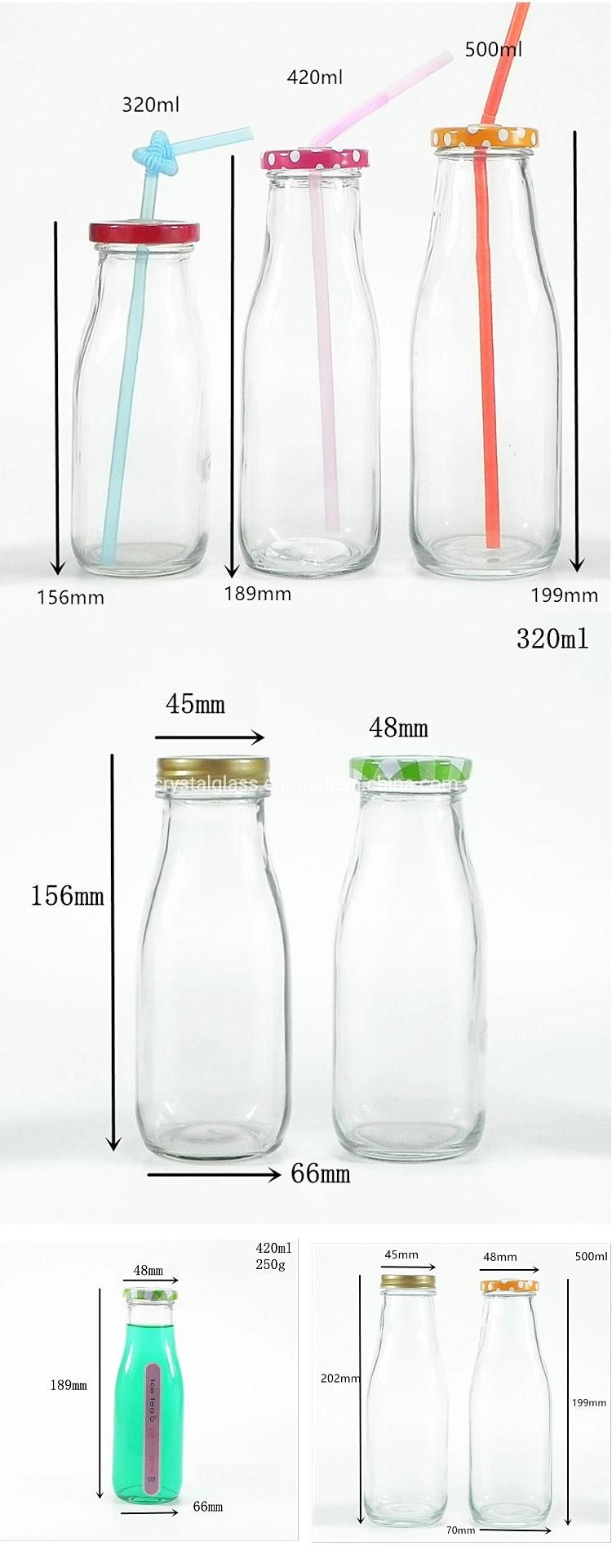Glass Milk Bottles with Reusable Metal Twist Lids and Straws for Beverage and Drinkware
