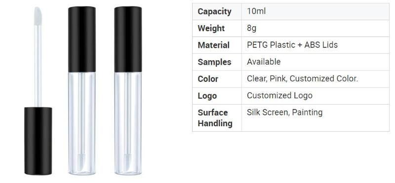 Custom 10ml Empty Eco Friendly Refillable Clear Lip Gloss Container Tube with Black Wand Brush