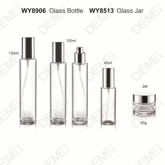 40/100/120ml 50g Cosmetic Skin Care Packaging Clear Slim Straight Round Toner Lotion Glass Bottle and Cream Jar with Silver Cap