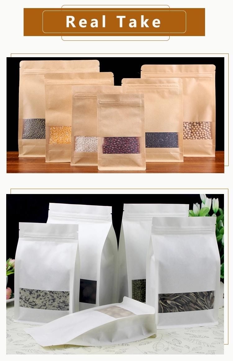 Food Grade Tea Packaging Zip Lock Flat Bottom Snack Food Kraft Paper Bag with Window