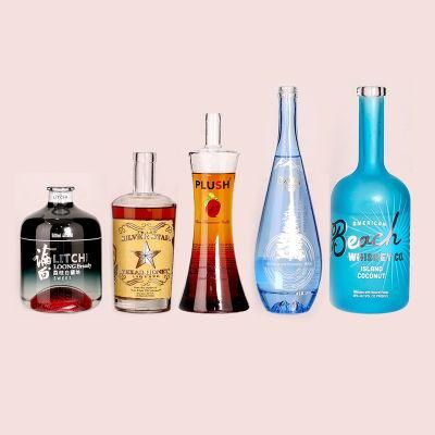Wholesale 700ml 750ml 1000ml Vodka Spirit Gin Rum Glass Bottle Transparent Glass Liquid Bottle with Decoration