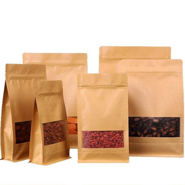 Composite 4 Layer Laminated Zipper Kraft Paper Bag with Waterproof Clear Window Kraft Paper Pouch Bag for Tea Nuts Coffee Beans