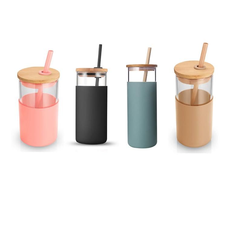 BPA Free Silicone Protective Sleeve Glass Tumbler Water Cup Glass with Bamboo Lid and Straw